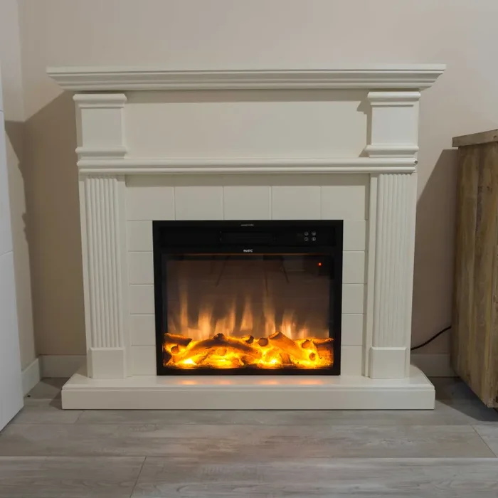 Camino Elettrico da Pavimento 114×102,3×28,2 cm Effetto Fiamma 1500W Sined Caldera Bianco - immagine 2