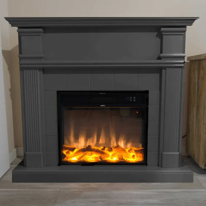 Camino Elettrico da Pavimento 114×102,3×28,2 cm Effetto Fiamma 1500W Sined Caldera Grigio - immagine 2