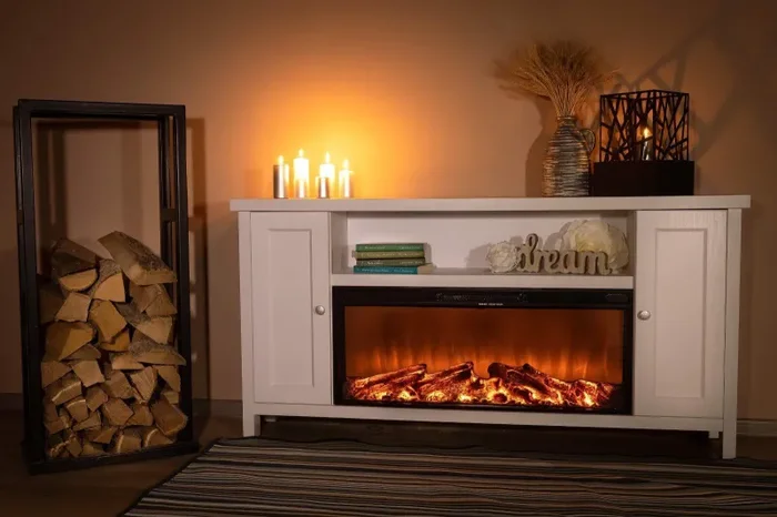 Camino Elettrico da Pavimento 75x150x30 cm Effetto Fiamma 1500W Mozart & Tasmania Bianco - immagine 3