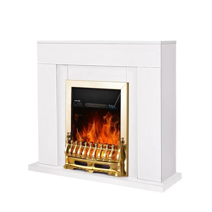 Camino Elettrico da Pavimento 85x95x30 cm Effetto Fiamma 2000W Arthur & Galileo Gold Bianco