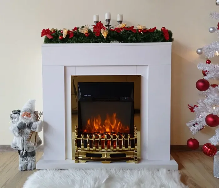 Camino Elettrico da Pavimento 85x95x30 cm Effetto Fiamma 2000W Arthur & Galileo Gold Bianco - immagine 2