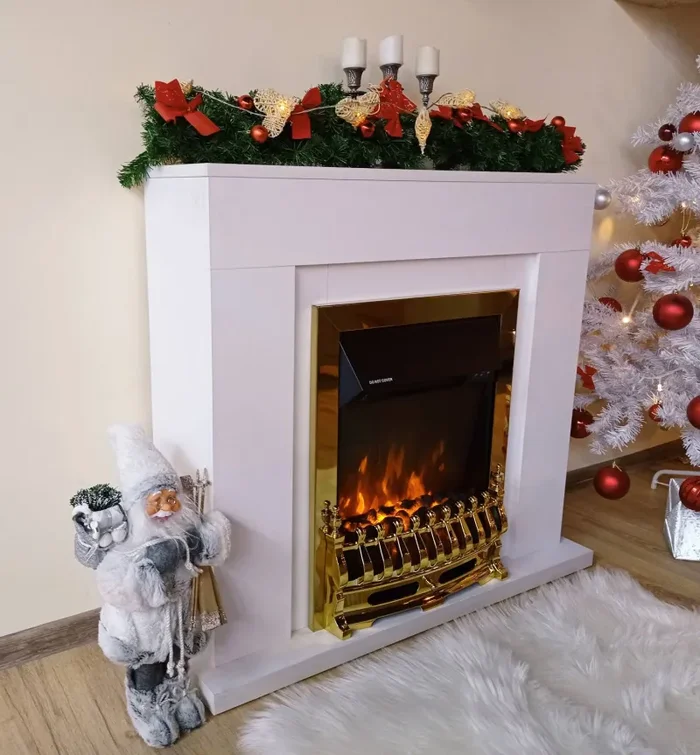 Camino Elettrico da Pavimento 85x95x30 cm Effetto Fiamma 2000W Arthur & Galileo Gold Bianco - immagine 3