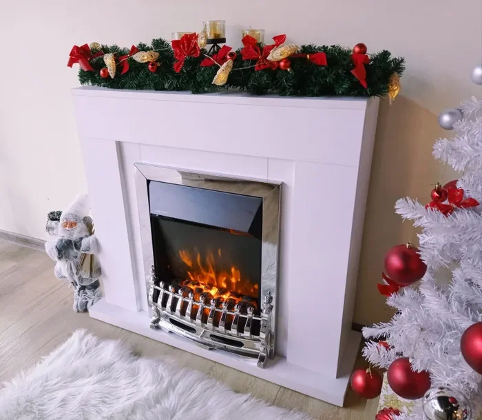 Camino Elettrico da Pavimento 85x95x30 cm Effetto Fiamma 2000W Arthur & Galileo Silver Bianco - immagine 3