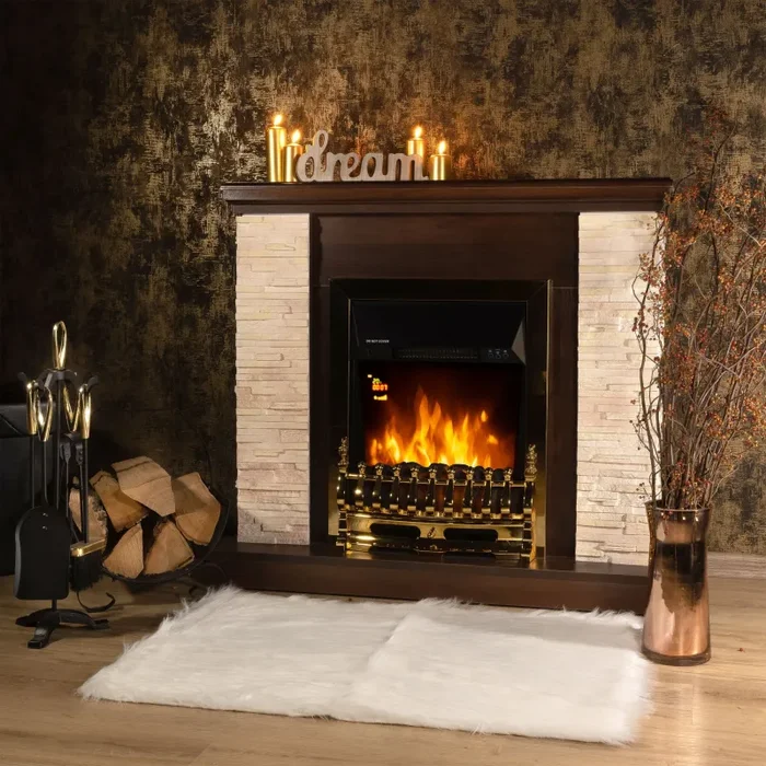 Camino Elettrico da Pavimento 90,3x98x30 cm Effetto Fiamma 2000W Rock & Galileo Gold Noce - immagine 2