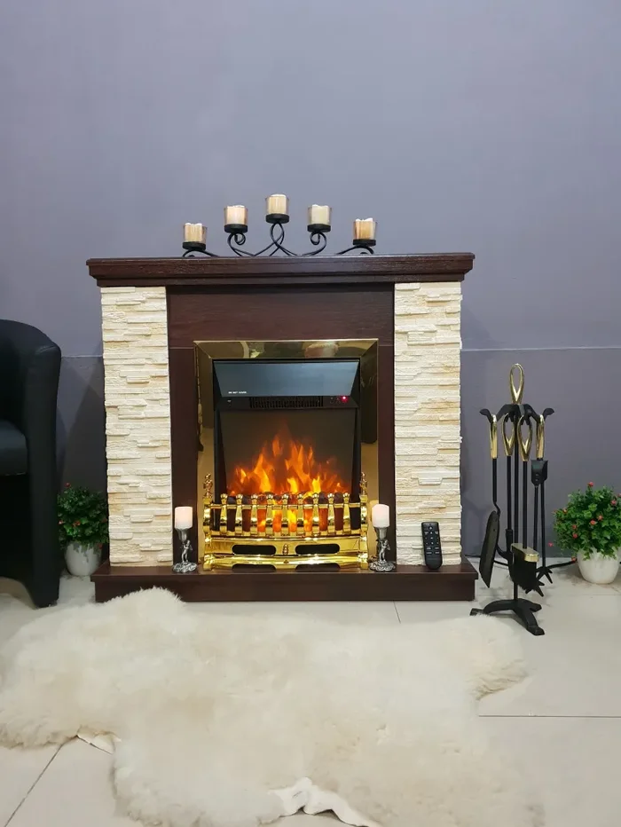 Camino Elettrico da Pavimento 90,3x98x30 cm Effetto Fiamma 2000W Rock & Galileo Gold Noce - immagine 3