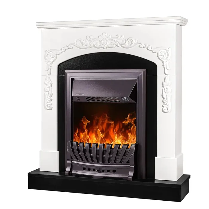 Camino Elettrico da Pavimento 97,5x90x25 cm Effetto Fiamma 2000W Casanova & Pluton Bianco/nero