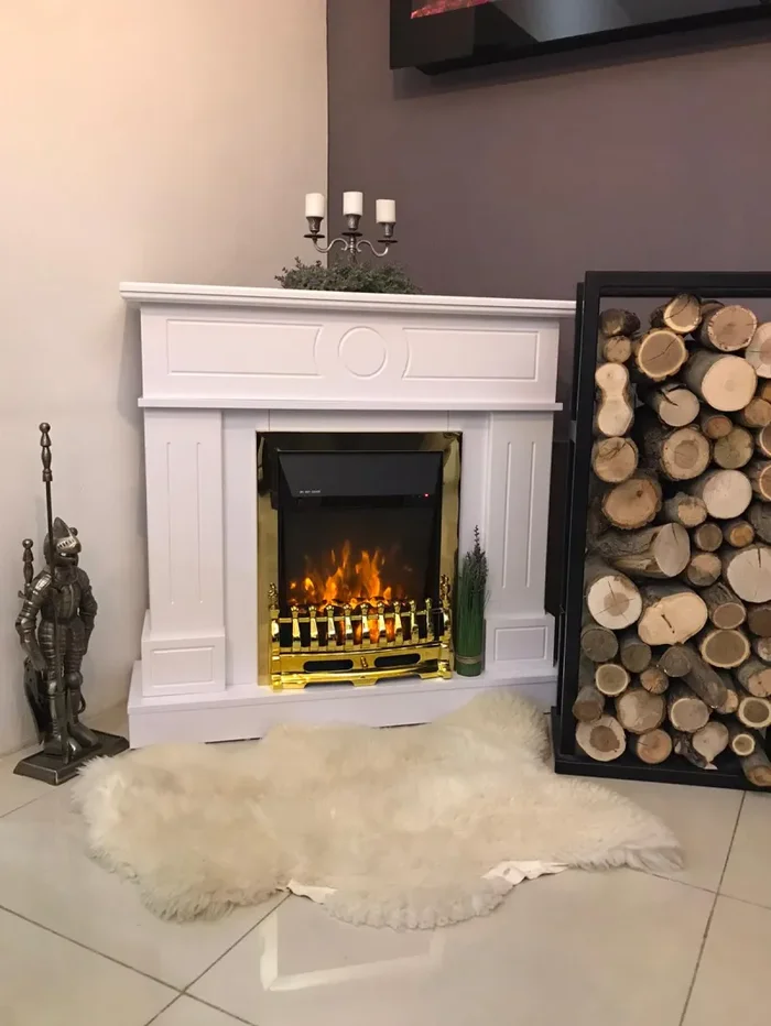 Camino Elettrico da Pavimento 97,8×104,8×30 cm Effetto Fiamma 2000W Ambassador & Galileo Gold Bianco - immagine 3