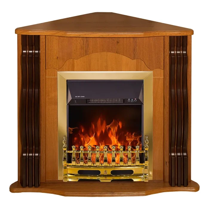 Camino Elettrico da Pavimento ad Angolo 88,2x95x47,3 cm Effetto Fiamma 2000W Clasic & Galileo gold Noce - immagine 2