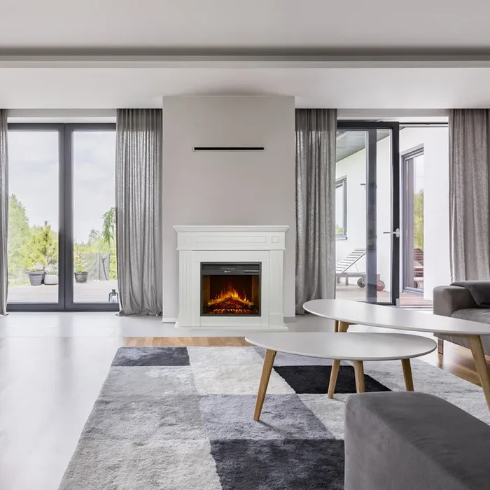 Camino Elettrico da Pavimento Effetto Fiamma 110x25x95 cm 900W/1800W in Legno Bianco - immagine 2