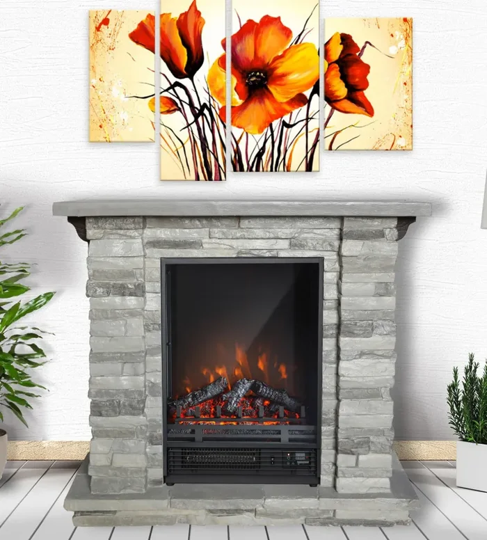 Camino Elettrico da Pavimento Effetto Fiamma 1800W Tugullio Effetto Pietra Grigio - immagine 2