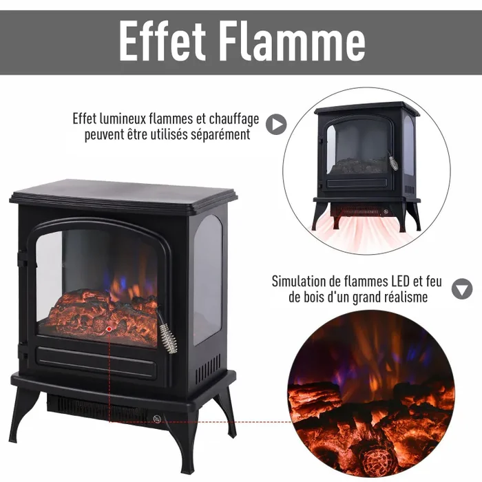 Camino Elettrico da Terra 41×25,4×52 cm 750/1500W Effetto Fiamma Nero - immagine 3