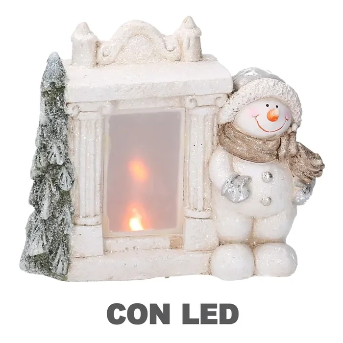 Camino in Resina con Led e pupazzo di neve bianco cm 27x12xh23
