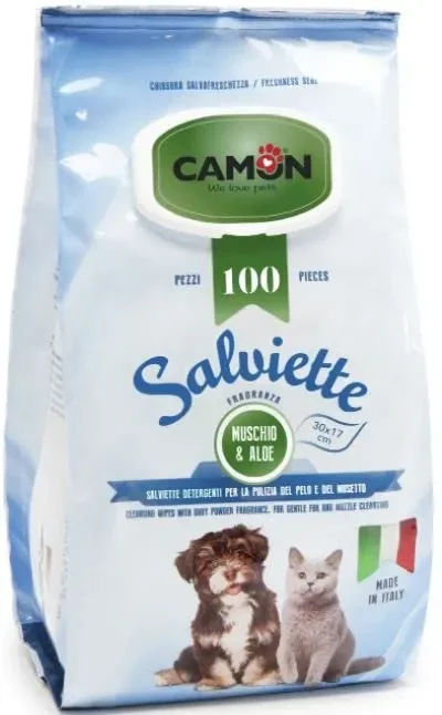 Camon Salviette Detergenti Per La Pulizia Del Pelo Fragranza Muschio E Aloe – 30×17 centimetres – Pezzi 100 Per Cani E Gatti, 1 pezzo