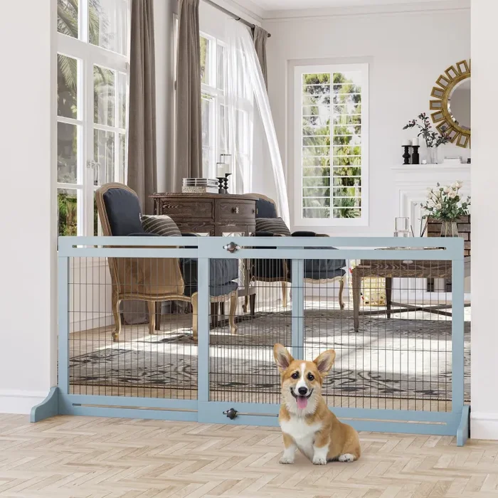 Cancelletto di Sicurezza Estensibile per Animali Domestici 104-183x36x69 cm in Legno e Acciaio Blu - immagine 2