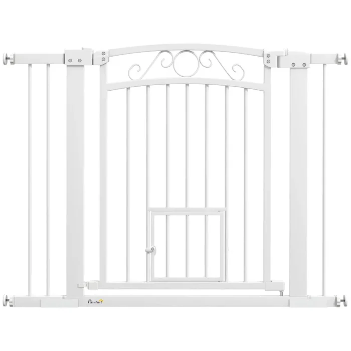Cancelletto di Sicurezza per Animali con Estensioni 76-104x77cm Porta per Gatti Bianco