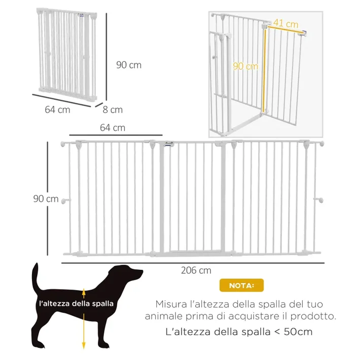Cancelletto di Sicurezza per Animali Domestici 206×90 cm in Acciaio e Plastica Bianco - immagine 3