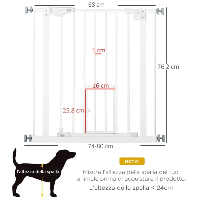 Cancelletto di Sicurezza per Cani con Porta Piccola Montaggio a Pressione 74-80×76,2 cm Bianco Online ora - immagine 3