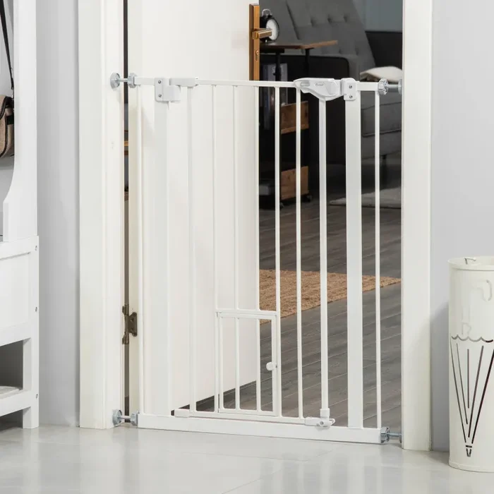 Cancelletto di Sicurezza per Cani con Porta Piccola Montaggio a Pressione Chiusura Automatica 74-80×91,4 cm Bianco - immagine 2