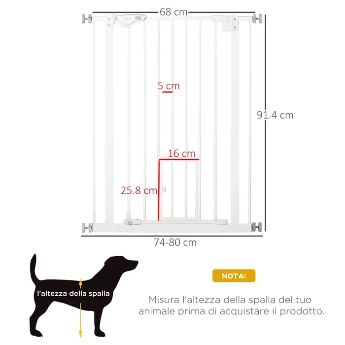 Cancelletto di Sicurezza per Cani con Porta Piccola Montaggio a Pressione Chiusura Automatica 74-80×91,4 cm Bianco - immagine 3