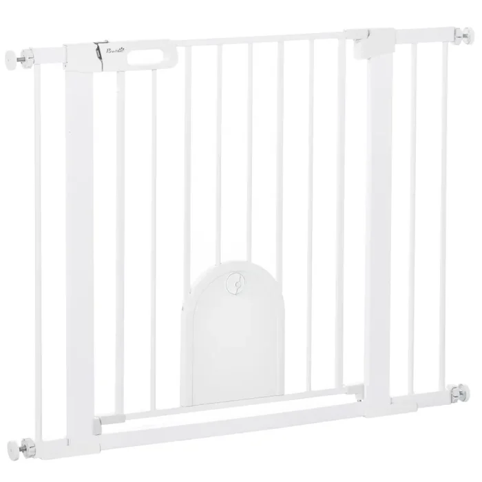 Cancelletto di Sicurezza per Cani con Porta Piccola Regolabile e Chiusura Automatica 75-103×76 cm Bianco