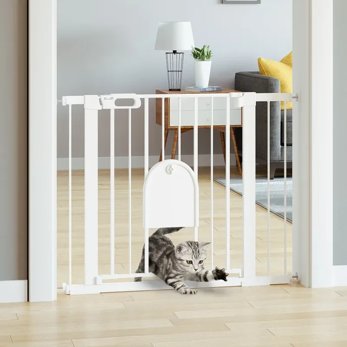 Cancelletto di Sicurezza per Cani con Porta Piccola Regolabile e Chiusura Automatica 75-103×76 cm Bianco - immagine 2