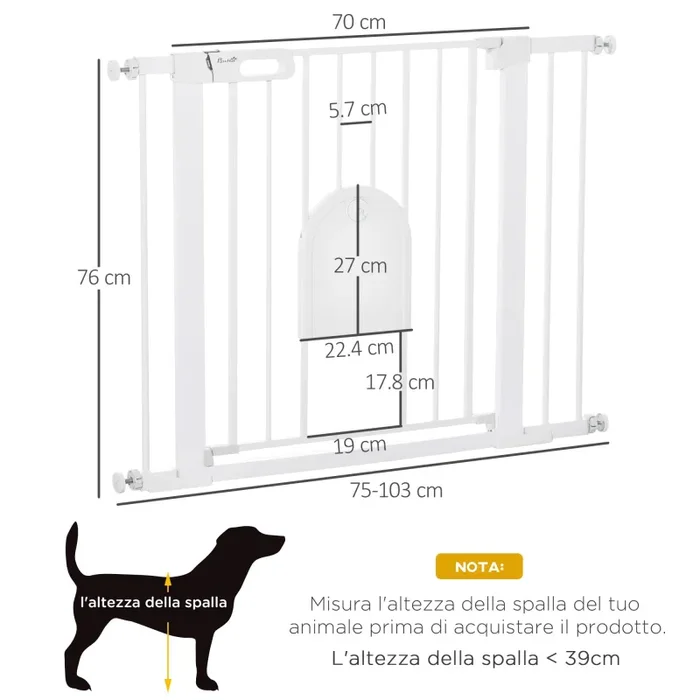 Cancelletto di Sicurezza per Cani con Porta Piccola Regolabile e Chiusura Automatica 75-103×76 cm Bianco - immagine 3