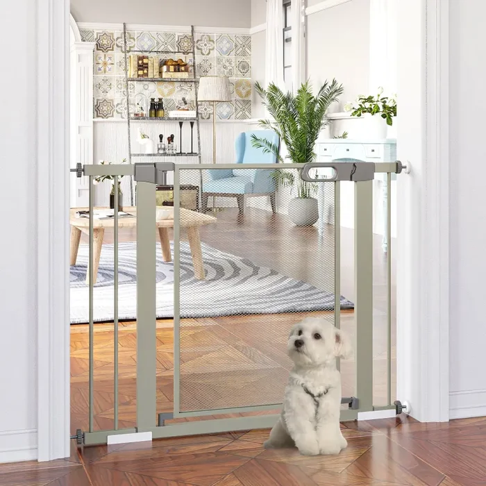 Cancelletto di Sicurezza per Cani Estensibile con Chiusura Automatica 75-103×76 cm Grigio - immagine 2