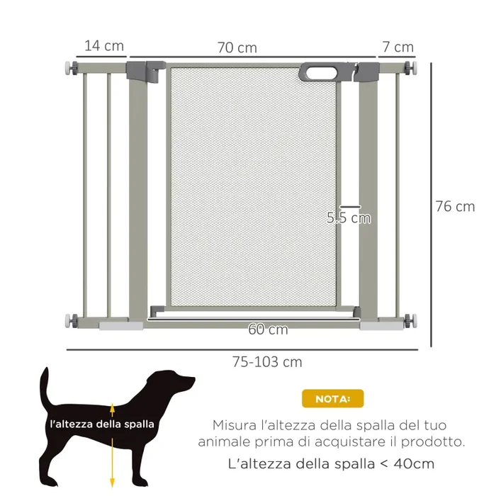 Cancelletto di Sicurezza per Cani Estensibile con Chiusura Automatica 75-103×76 cm Grigio - immagine 3