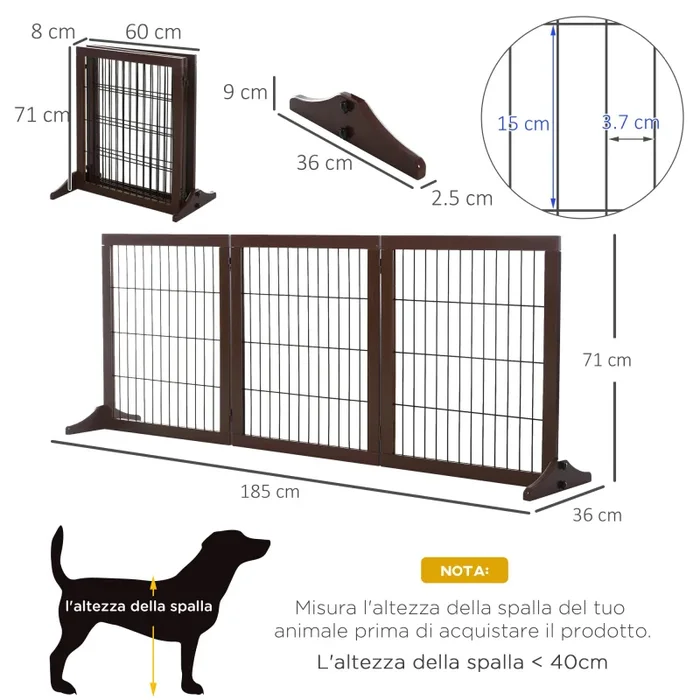 Cancelletto di Sicurezza Pieghevole per Animali Domestici 185x36x71 cm in Legno Marrone - immagine 3