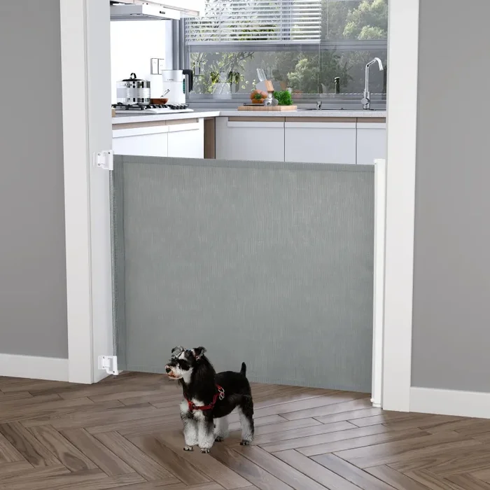Cancelletto per Cani Estensibile 115×82,5 cm in Poliestere e Acciaio Bianco e Grigio - immagine 2
