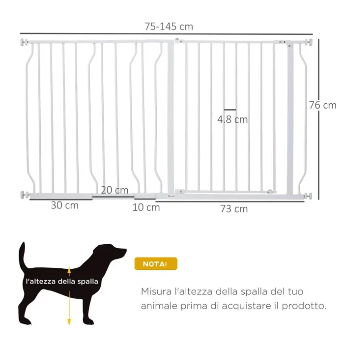Cancelletto Sicurezza Regolabile per Cani 75-145 cm in Acciaio e ABS Bianco - immagine 3