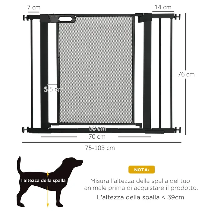 Cancellino per Cani Estensibile a Pressione con Chiusura Automatica 75-103×76 cm in Acciaio e ABS Nero - immagine 3