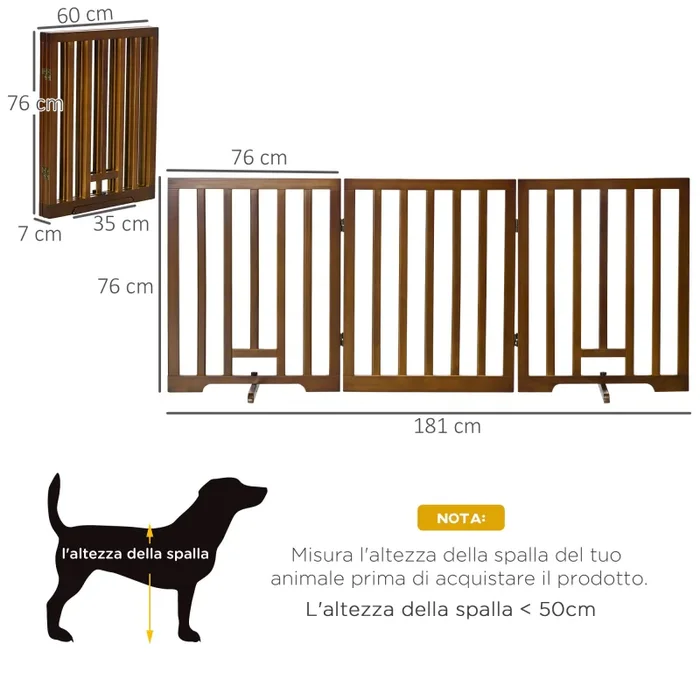 Cancellino per Cani Pieghevole 181x35x76 cm in Legno di Pino Marrone Scuro - immagine 3