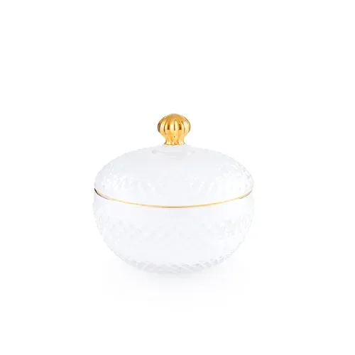 CANDELA PICCOLA IN VETRO BIANCA CON POMELLO E DETTAGLI IN ORO (9x9x8.5cm)