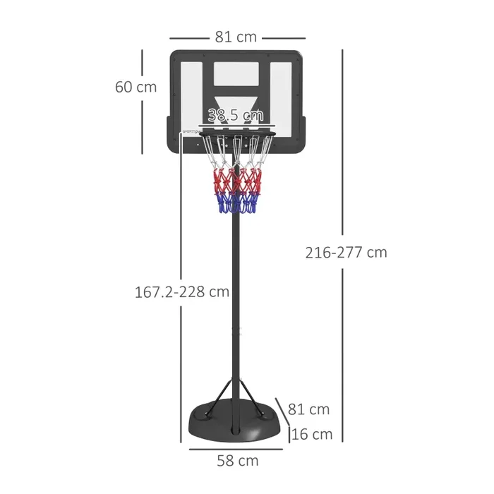 Canestro Basket ad Altezza Regolabile 216-277 cm con Base Riempibile in Acciaio e PE Nero - immagine 3