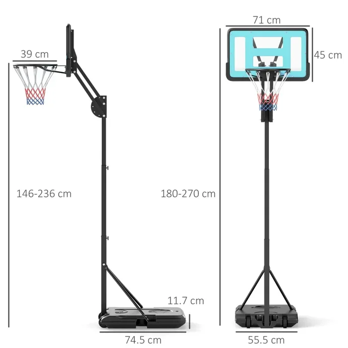 Canestro Basket da Esterno Regolabile 146-236 cm con Ruote e Base Riempibile Nero - immagine 3