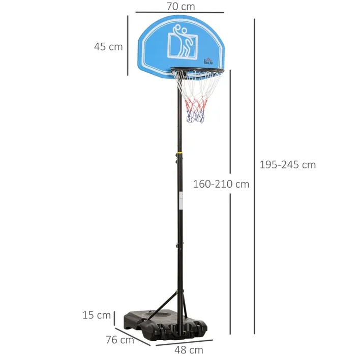 Canestro da Basket Altezza Regolabile 195-245 cm in Acciaio e HDPE Blu - immagine 3