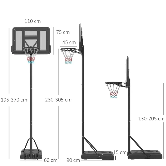 Canestro da Basket Esterno Altezza Allungabile 195-370 cm in Acciaio e Plastica Nero - immagine 3