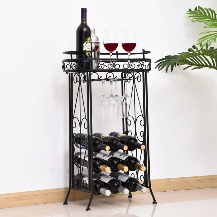 Cantinetta Portabottiglie con Portacalici 28,5x46x77,5 cm in Ferro Battuto Nera - immagine 2