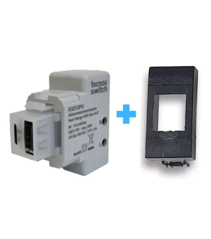 caricatore USB doppio ingresso Tipo A e Tipo C ricarica rapida PD compatibile BTICINO INTERNATIONAL NERA |TECNOSWITCH|KS312PD