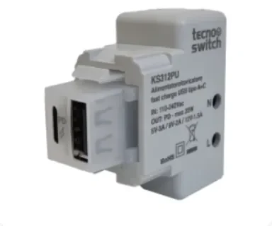 caricatore USB doppio ingresso Tipo A e Tipo C ricarica rapida PD compatibile BTICINO INTERNATIONAL NERA |TECNOSWITCH|KS312PD - immagine 2