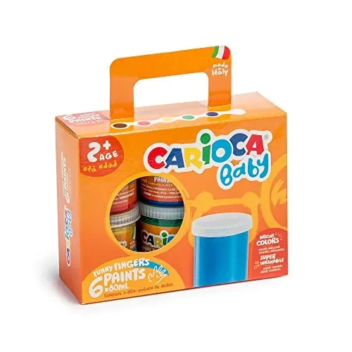 Carioca Baby Finger Paints, Set di Tempere Colorate per Bambini, Kit Pittura Super Lavabili, per Bambini dai 24 Mesi, Tempere a Dita, Colori Assortiti, 6 Tempere da 80 ml