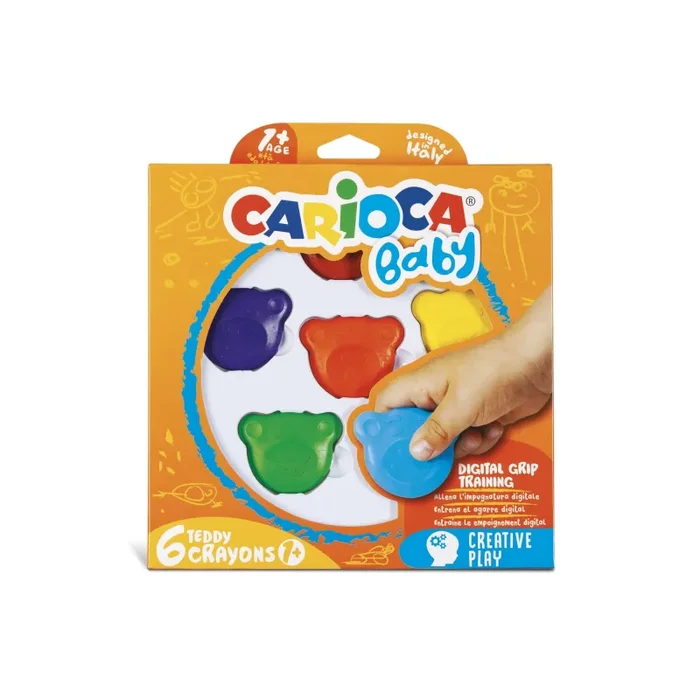 CARIOCA Pastelli Baby Teddy Crayons, Scatola di 6 Pastelli Colorati a Forma di Orsetto, Pastelli Per Bambini dai 12 Mesi, 6 Pezzi