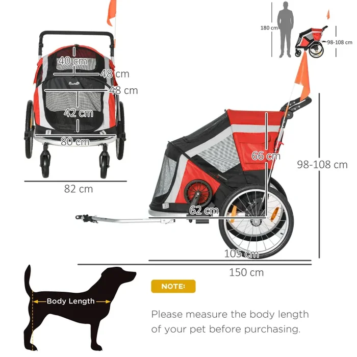Carrellino Rimorchio per Cani e Animali Domestici 150x82x98-108 cm da Bicicletta Rosso Moda - immagine 3