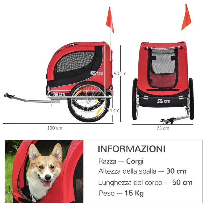 Carrellino Rimorchio per Cani e Animali Domestici da Bicicletta 130x90x73 cm Rosso e Nero - immagine 3