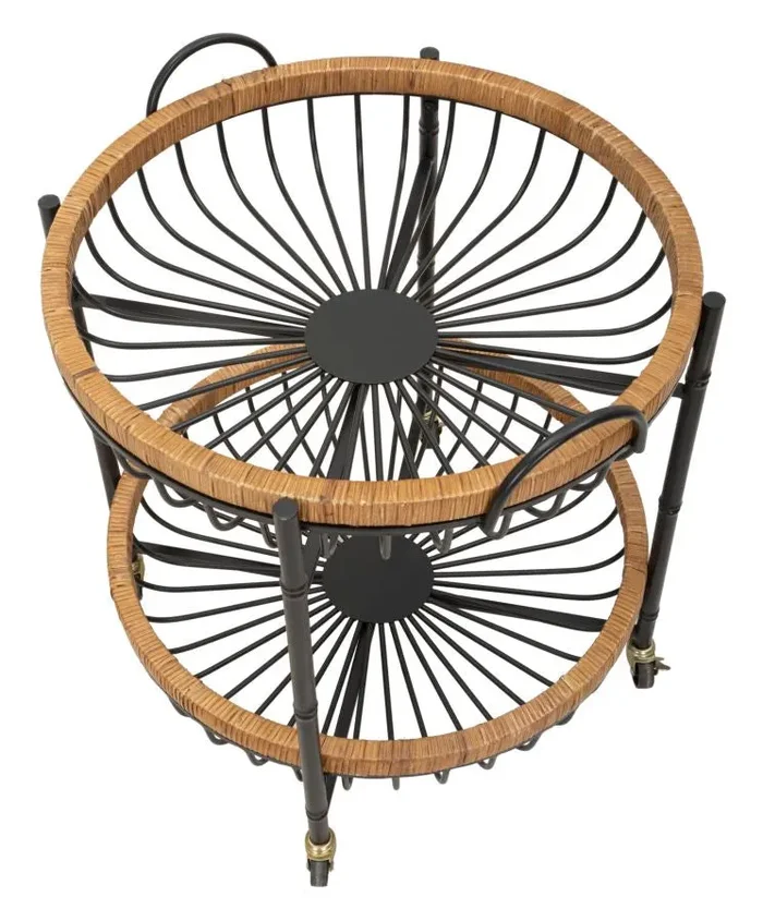 Carrello 2 Ripiani 57×55,5×62,5 cm con Ruote in Metallo e Rattan - immagine 3
