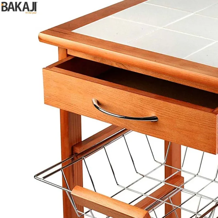 Carrello Cucina in legno 3 Cestelli Acciaio e Ripiano 12 Mattonelle in Ceramica - immagine 2