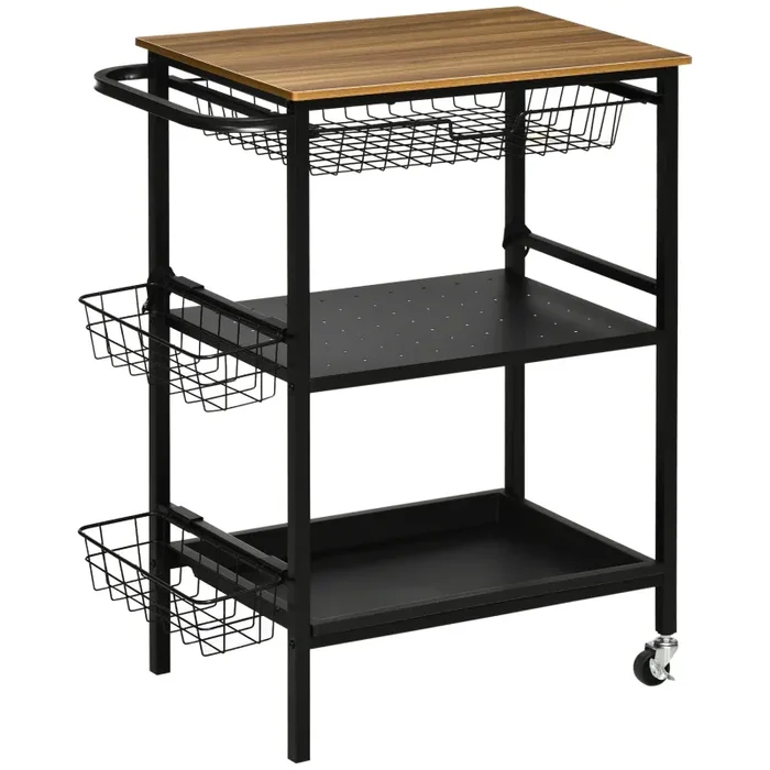 Carrello da Cucina 3 Livelli 75×43,5×91 cm con 2 Ruote e Cesto Estraibile color Legno e Nero
