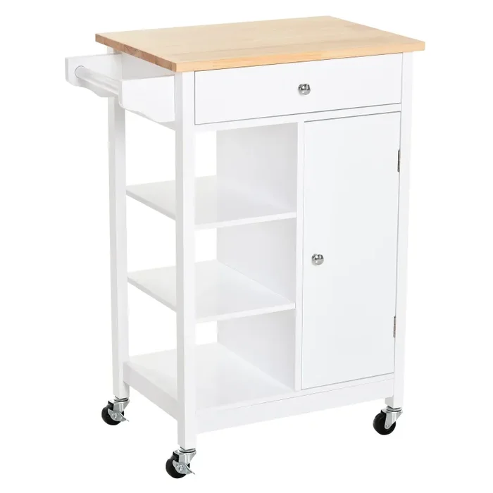 Carrello da Cucina 3 Ripiani Cassetto e 1 Anta in Legno 66×39,5×86,5 cm Bianco