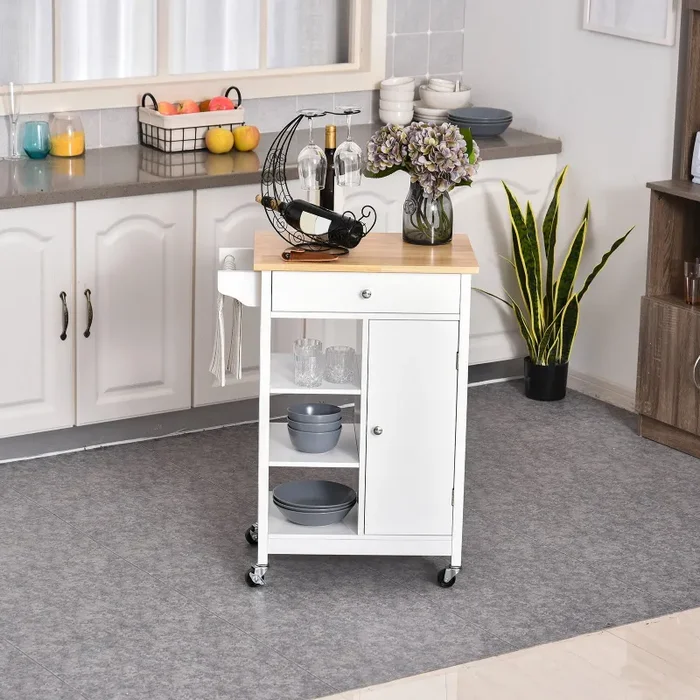 Carrello da Cucina 3 Ripiani Cassetto e 1 Anta in Legno 66×39,5×86,5 cm Bianco - immagine 2